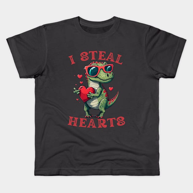 Valentine I Steal Hearts Dinosaur Kids T-Shirt by Gtrx20